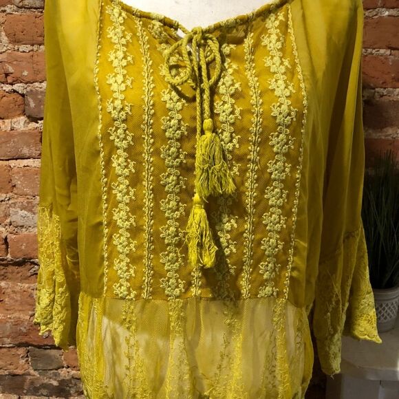 A’REVE WOMENS MEDIUM SHEER LACE BOHO TOP BLOUSE PEASANT COTTAGE BOHEMIAN - Picture 2 of 8